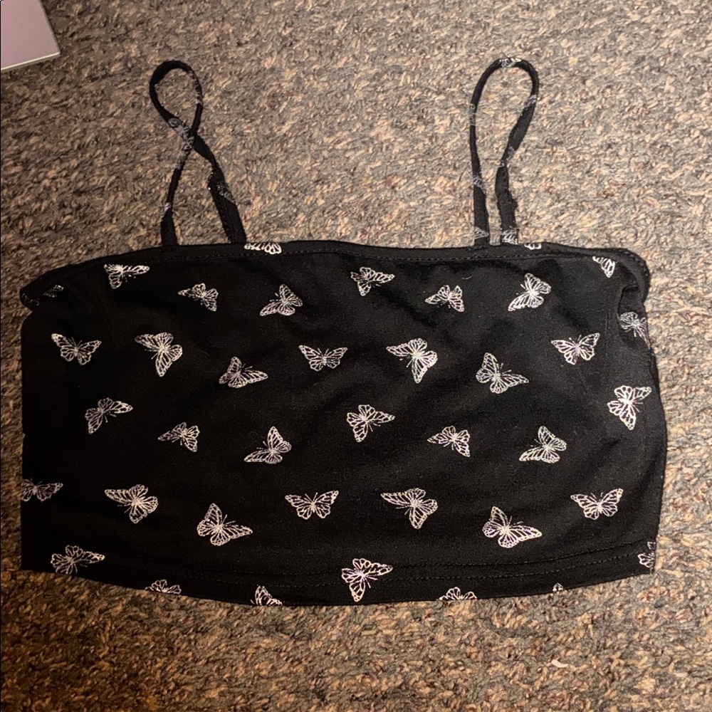 Black Butterfly Print Crop Top